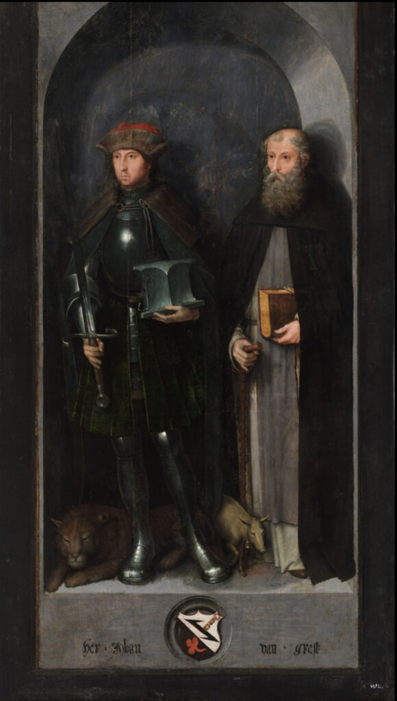 Michel Sittow, The Passion Altarpiece, Right Outer Wing: St Adrian of Nicomedia and St Anthony the Great, c 1520 Tempera and oil on oak panel, 74.4 × 37 in Niguliste Museum, Tallinn