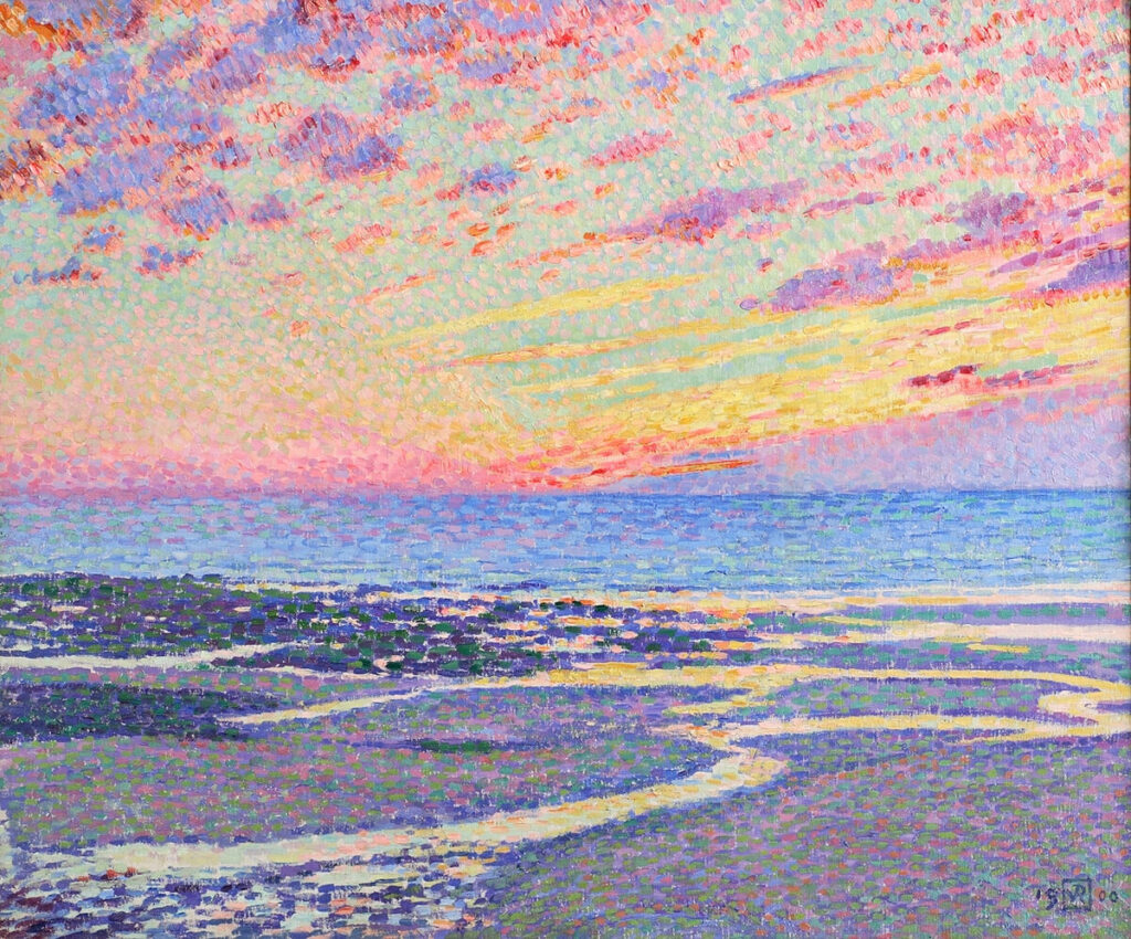 Théo van Rysselberghe, Beach at Low Tide, Ambleteuse, Evening, 1900 Oil on canvas, 21.1 × 24.3 in Portland Art Museum, Oregon