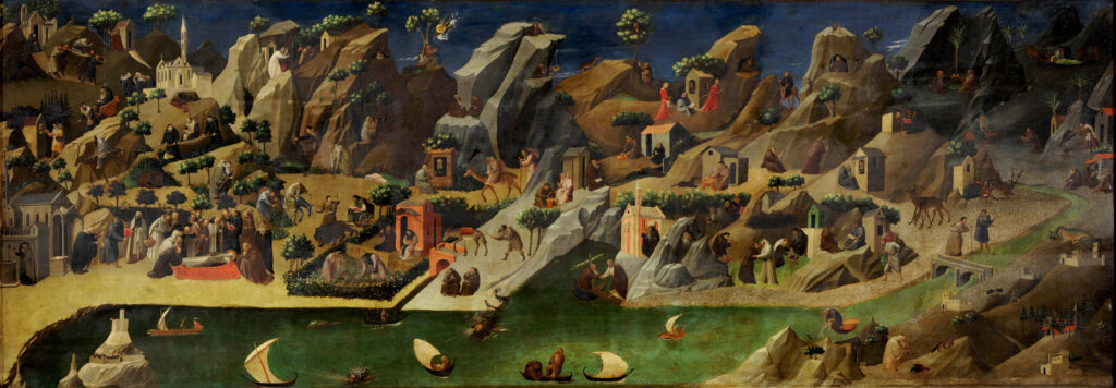 Fra Angelico, Thebaid (Scenes from the Lives of the Desert Fathers), c 1418–1420 Tempera on panel, 28.9 × 81.9 in Uffizi Galleries, Florence, Italy