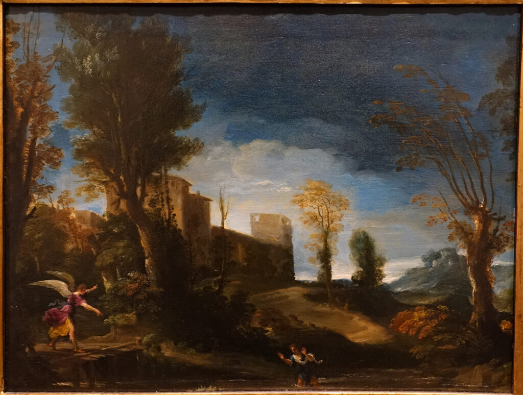 Guercino, Landscape with Tobias and the Angel, c 1616–1617 Oil on copper, 12.2 × 15.9 in Blanton Museum of Art, Austin, Texas