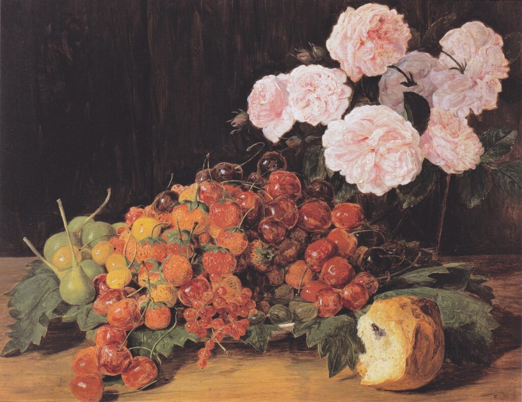 Ferdinand Waldmüller, Still Life With Roses, Strawberries, and Bread, 1827nOil on wood, 11.4 × 14 innBelvedere, Vienna