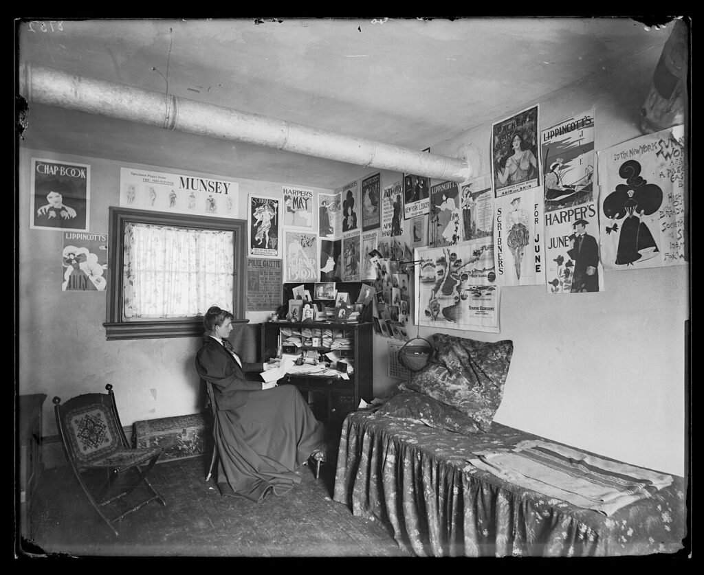 Frances Benjamin Johnston, Frances Benjamin Johnston Seated at a Desk in Her Studio/Office, July 1895nGlass negative, 9.4 × 7.1 innLibrary of Congress, Washington DC