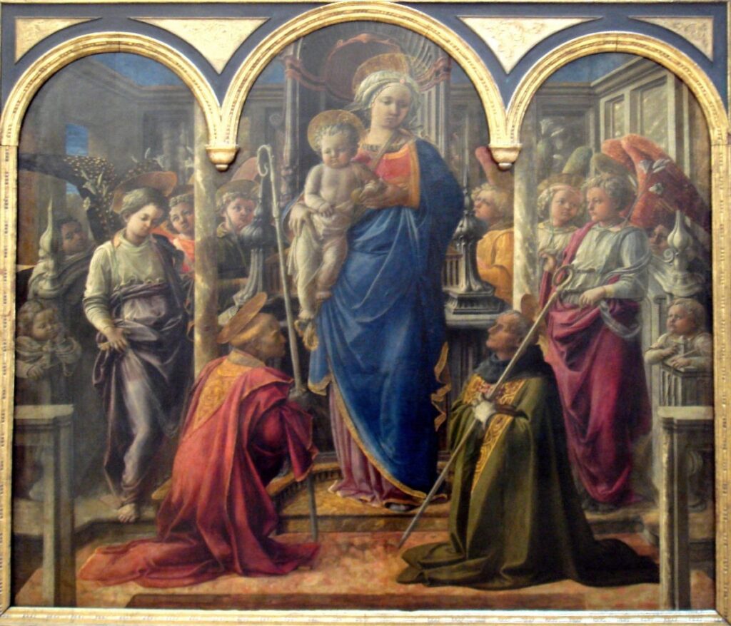 Filippo Lippi, Madonna and Child with Angels and Saints Fredianus and Augustine / Barbadori Altarpiece, 1437–1438 Tempera on panel, 81.9 × 96.1 in Louvre Museum, Paris
