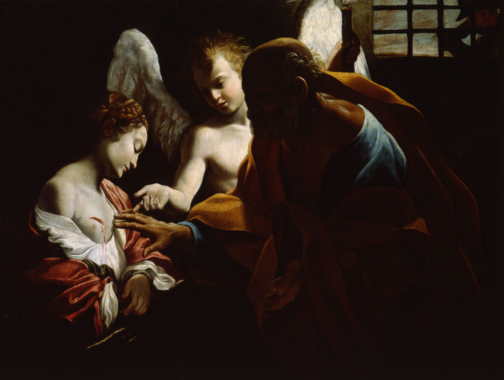 Giovanni Lanfranco, Saint Agatha Visited in Prison by Saint Peter and the Angel, c 1613–1614 Oil on canvas, 39.4 × 52.2 in National Gallery of Parma