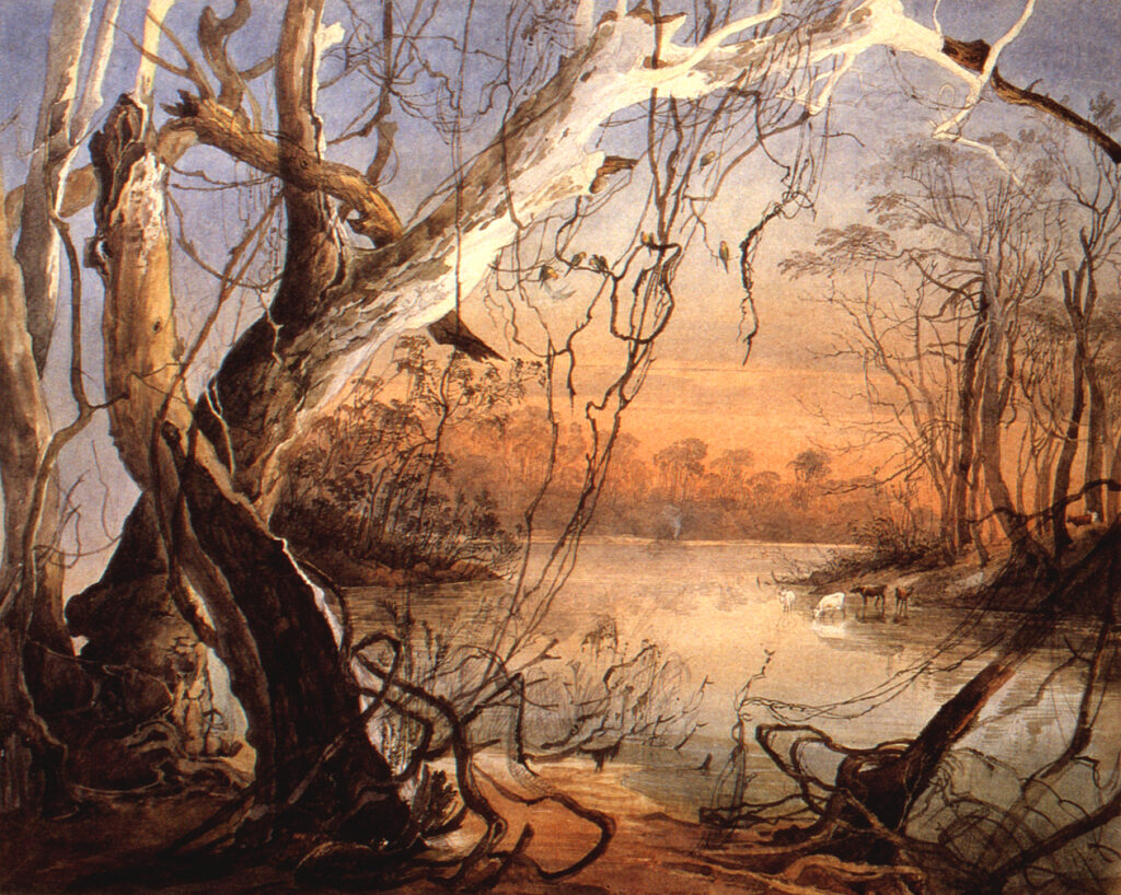 Karl Bodmer, Confluence of the Fox River and the Wabash, 1832 Watercolor and graphite on paper, 11.9 × 14.6 in Joslyn Art Museum, Omaha
