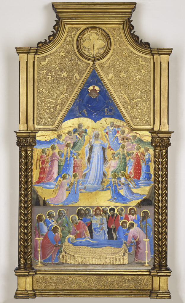 Fra Angelico, The Dormition and Assumption of the Virgin, 1424–1434 Tempera with oil glazes and gold on panel, 24.3 × 15.1 in Isabella Stewart Gardner Museum, Boston, Massachusetts