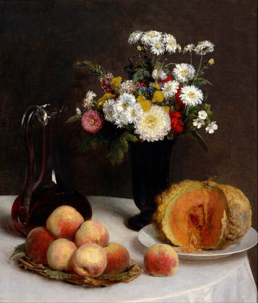 Henri Fantin-Latour, Still Life with a Carafe, Flowers and Fruit, 1865 Oil on canvas, 23.3 × 20.3 in National Museum of Western Art, Tokyo