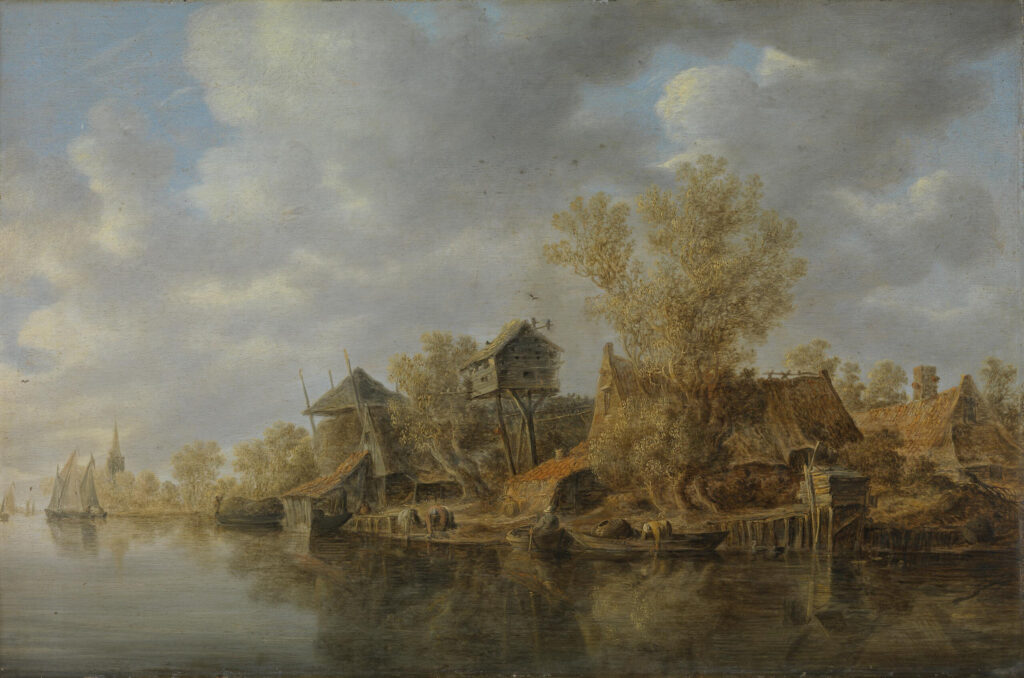 Jan Van Goyen, Farmsteads by a River, 1636 Oil on oak, 15.6 × 23.6 in Alte Pinakothek, Munich