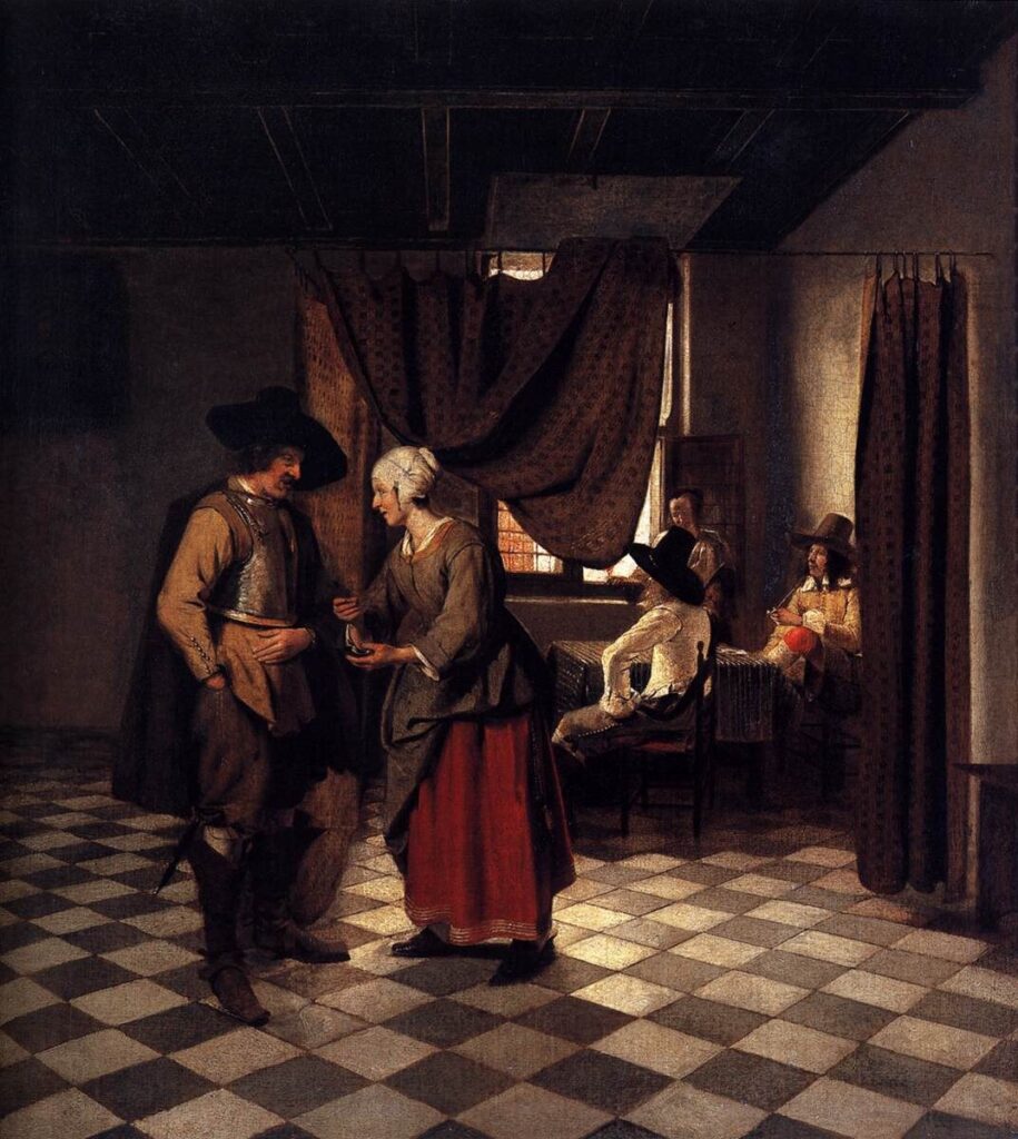 Pieter de Hooch, Paying the Hostess, 1658 Oil on canvas, 27.9 × 25.1 in Private Collection