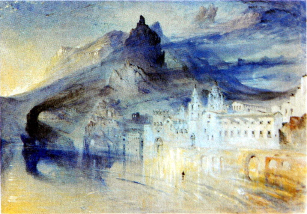 John Ruskin, View of Amalfi, 1844 Transparent and opaque watercolor with selective gum glaze on brown wove paper mounted on Whatman paper-covered board, 13.4 × 19.4 in Harvard Art Museums/Fogg Museum, Cambridge, MA