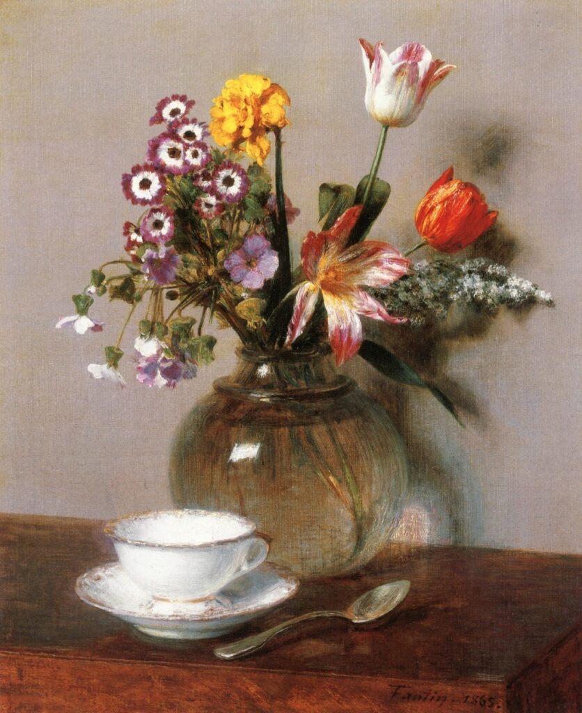 Henri Fantin-Latour, Vase of Flowers with a Coffee Cup, 1865 Oil on canvas, 19 × 15.6 in Private Collection