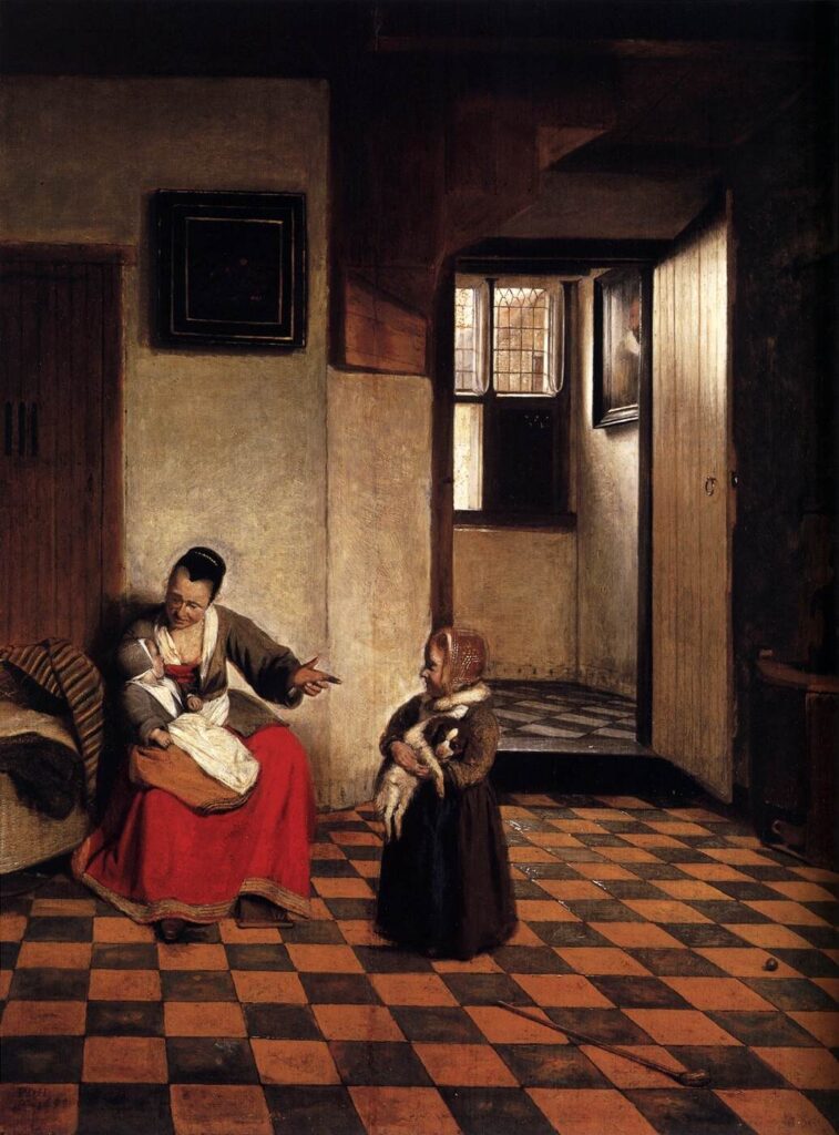 Pieter de Hooch, A Woman with a Baby in Her Lap, and a Small Child, 1658 Oil on panel, 23.6 × 18.5 in Private Collection