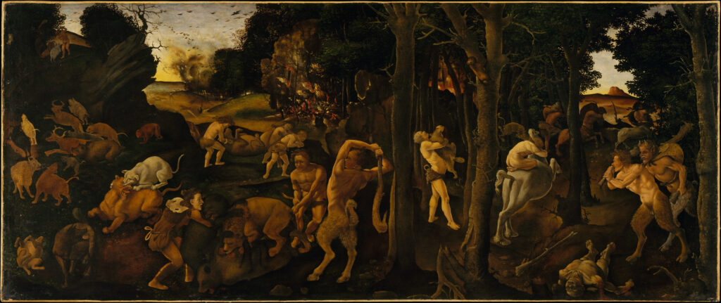 Piero di Cosimo, A Hunting Scene, c 1494–1500 Tempera and oil transferred to Masonite, 27.8 × 66.7 in Metropolitan Museum of Art, New York