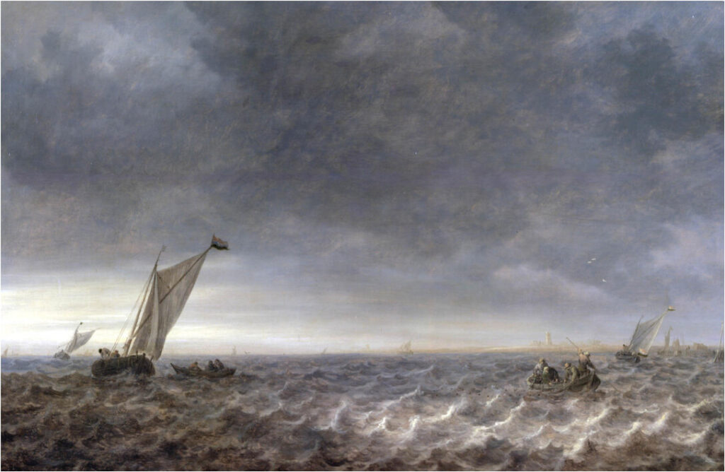 Jan Van Goyen, Sailing and Rowing Boats in an Estuary, 1640 Oil on panel, 30.3 × 45.7 in Museum De Lakenhal, Leiden