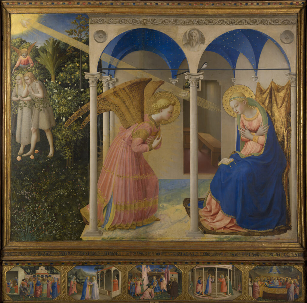 Fra Angelico, The Annunciation (The Annunciation and Life of the Virgin), c 1426 Tempera on panel, 74.9 × 75.4 in Museo Nacional del Prado, Madrid, Spain