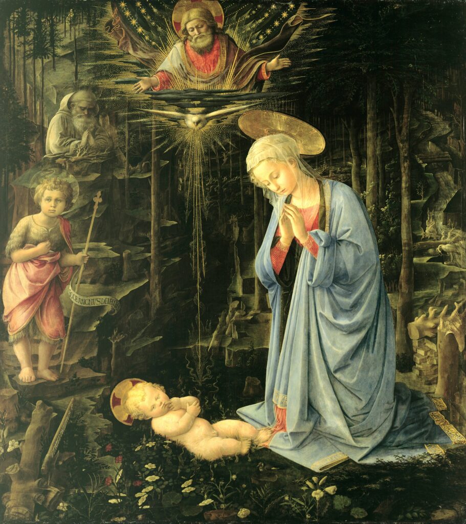 Filippo Lippi, The Adoration in the Forest / Mystical Nativity, 1449–1469 Tempera and oil on poplar, 50.9 × 46.7 in Gemäldegalerie, Berlin