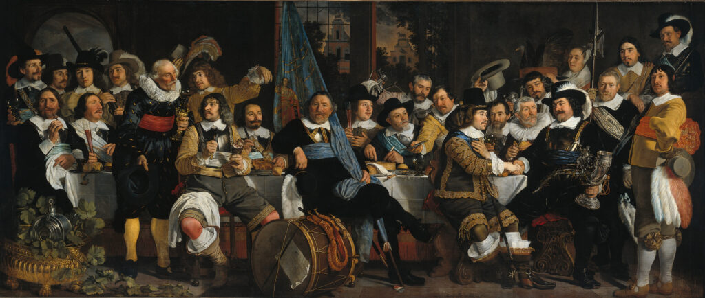 Bartholomeus van der Helst, Banquet at the Crossbowmen’s Guild in Celebration of the Treaty of Münster, 1648 Oil on canvas, 91.3 × 215.4 in Amsterdam Museum