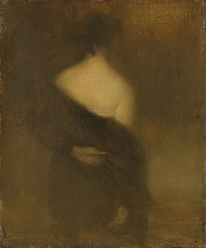 Eugène Carrière, Woman from Behind, Undressing, c 1890–1895nOil on canvas, 18.3 × 15.2 innUnknown Collection