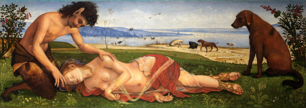Piero di Cosimo, A Satyr Mourning over a Nymph, c 1495 Oil on wood, probably poplar, 25.7 × 72.5 in National Gallery, London