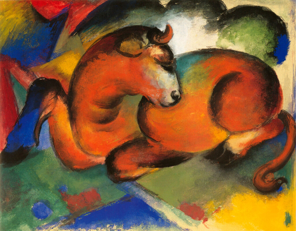 Franz Marc, Red Bull, 1912 Oil on canvas, 13.4 × 16.9 in The Pushkin State Museum of Fine Arts, Moscow