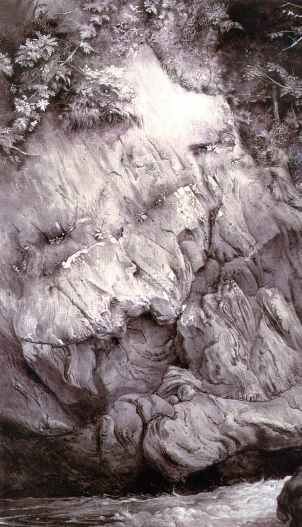 John Ruskin, Study of Gneiss Rock, Glenfinlas, 1853–1854 Lampblack, bodycolor and pen and ink over graphite on paper, 18.8 × 12.9 in Ashmolean Museum, Oxford