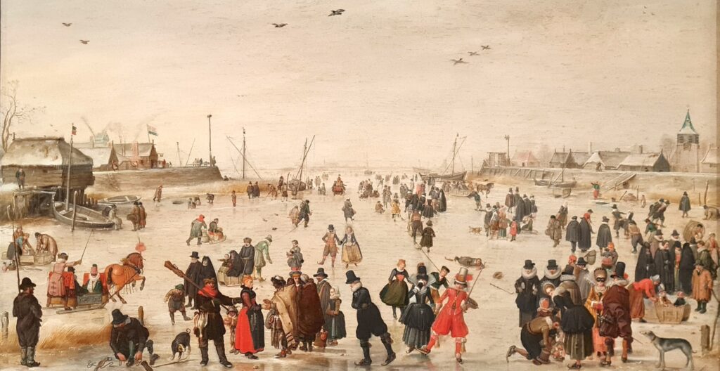 Hendrick Avercamp, Winter Scene on a Frozen Canal, c 1620 Oil on wood panel, 14.5 × 25.8 in Los Angeles County Museum of Art