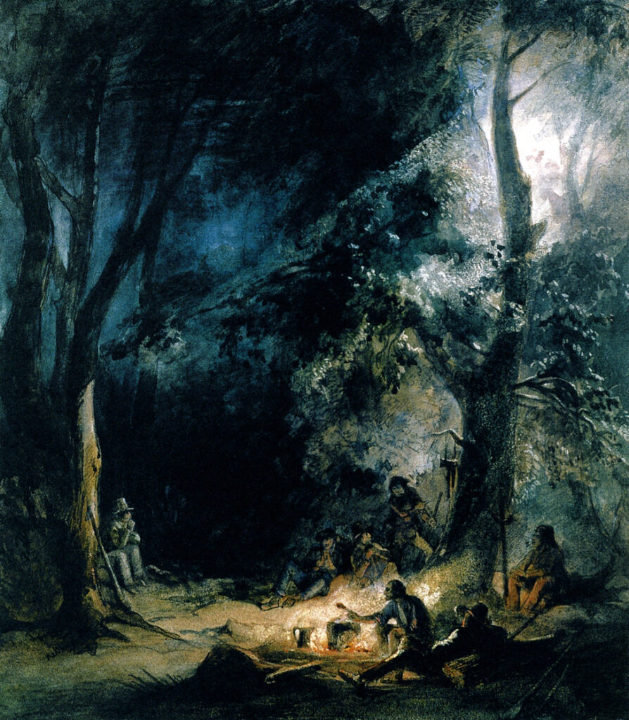 Karl Bodmer, A Stop; Evening Bivouac, 1833 Watercolor, ink, and graphite on paper, 10.5 × 9.3 in Joslyn Art Museum, Omaha