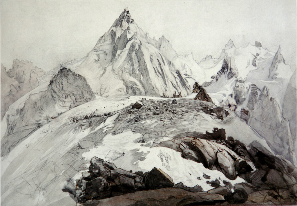 John Ruskin, The Aiguille Blaitière, c. 1856 Drawing with wash, 12.2 × 14.1 in Private collection
