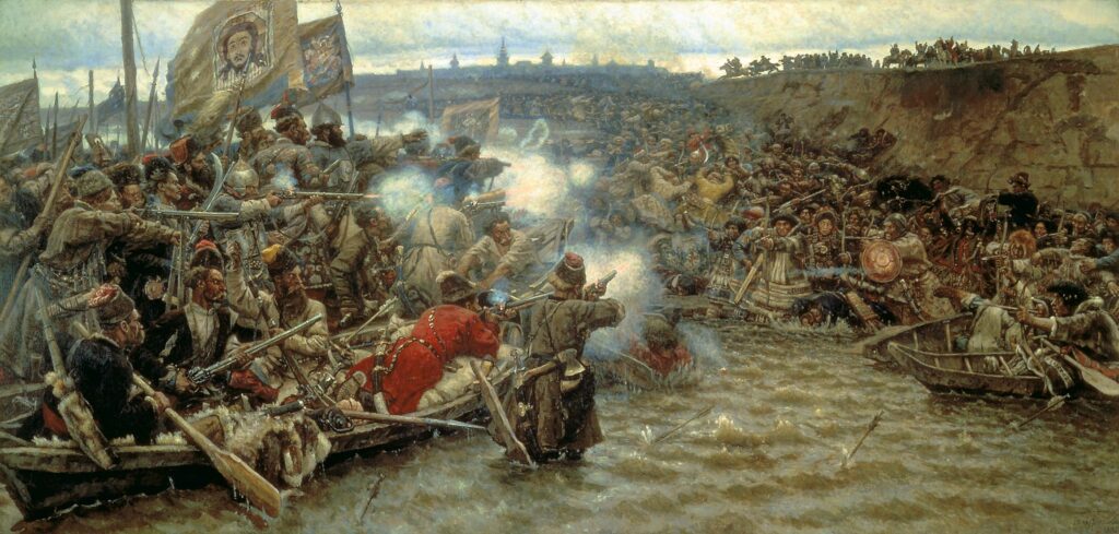 Vasily Surikov, Yermak’s Conquest of Siberia, 1895nOil on canvas, 112.2 × 235.8 innRussian Museum, Saint Petersburg