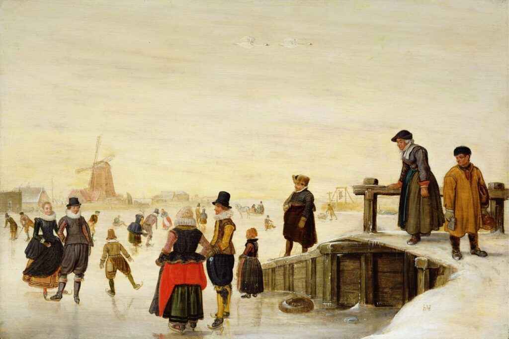 Hendrick Avercamp, Figures Skating in a Dutch Landscape, c 1625 Oil on panel, 12 × 18 in Private Collection