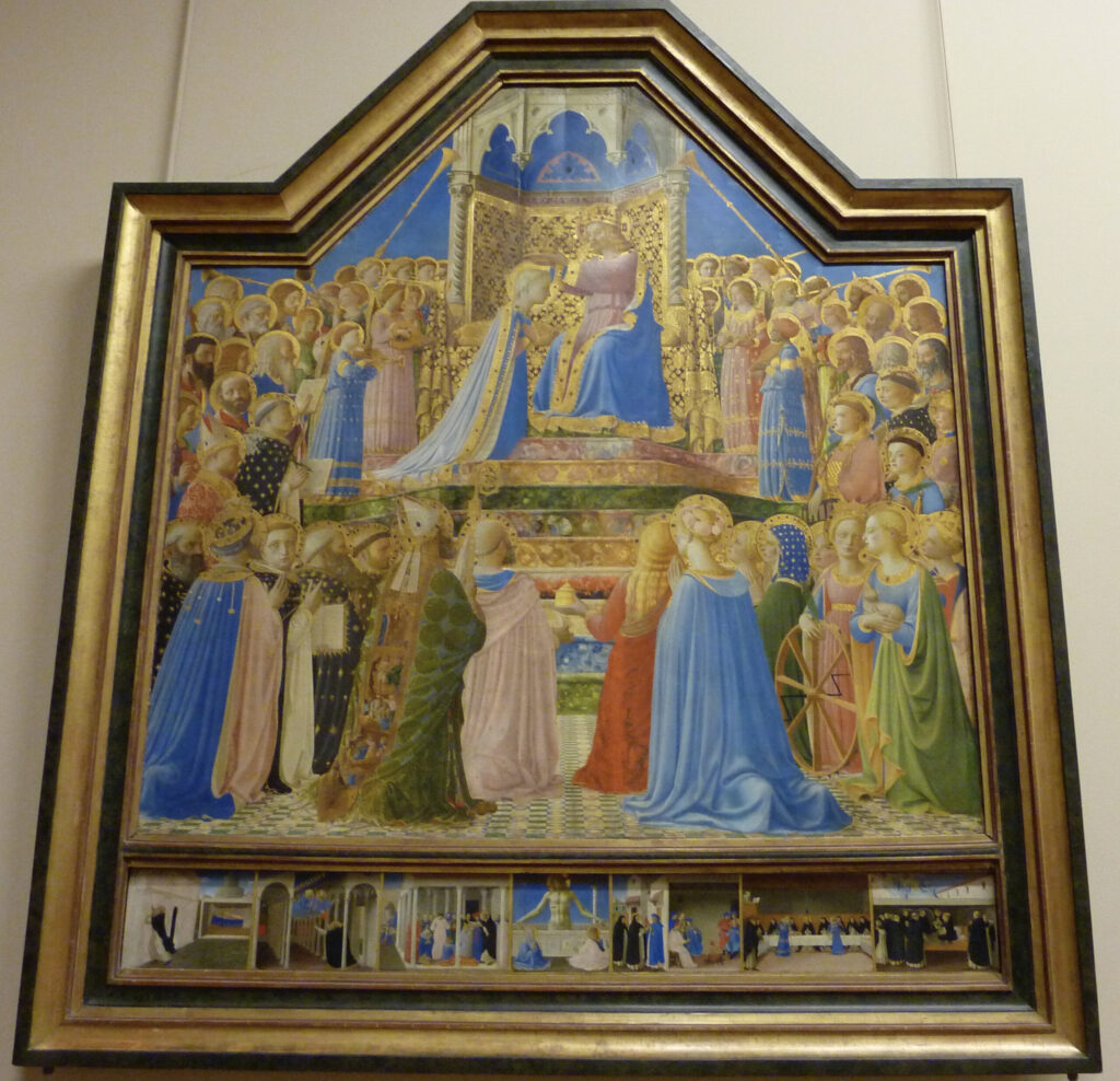 Fra Angelico, Coronation of the Virgin (The Coronation of the Virgin), 1425–1450 Tempera on poplar panel, 82.3 × 81.1 in Musée du Louvre, Paris, France