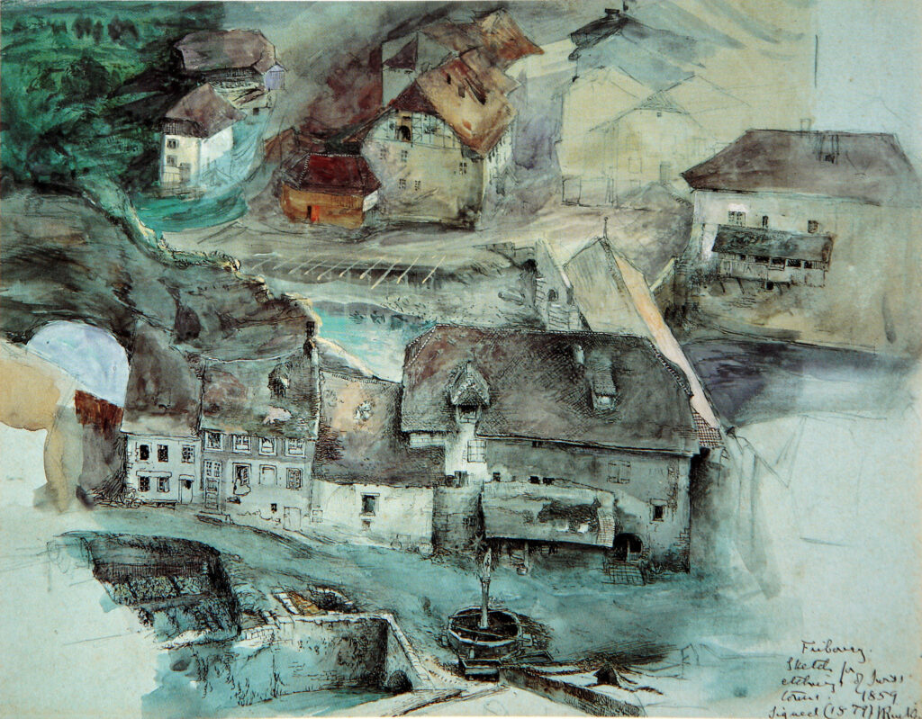 John Ruskin, Fribourg, Switzerland, 1859 Pencil, ink, watercolor and bodycolor, 8.9 × 11.3 in British Museum, London