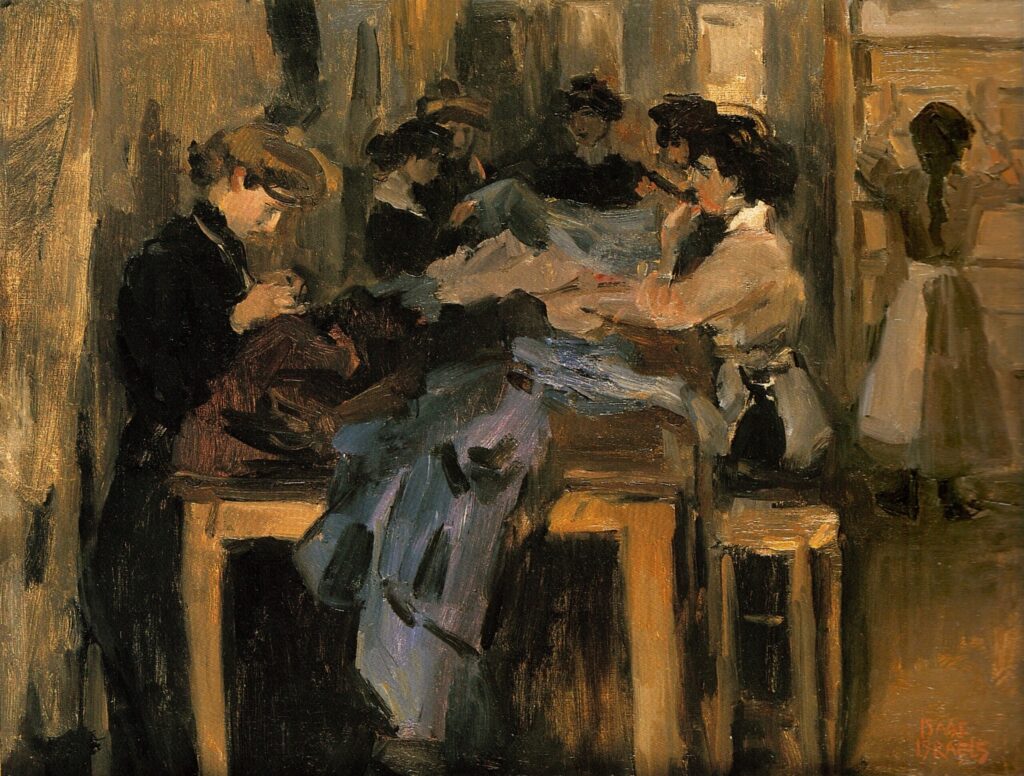 Isaac Israëls, Seamstresses in the Paquin Fashion House, Paris, 1904–1906 Oil on canvas, 19.3 × 25.6 in Private Collection