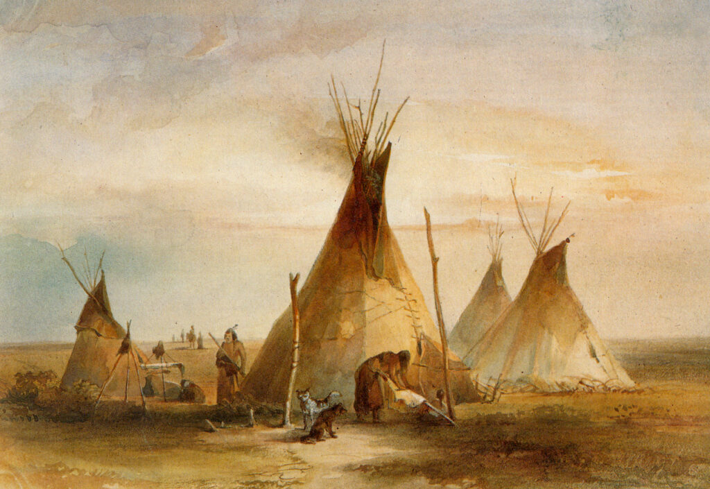 Karl Bodmer, Sioux Camp, 1833 Watercolor on paper, 7.4 × 10.4 in Joslyn Art Museum, Omaha