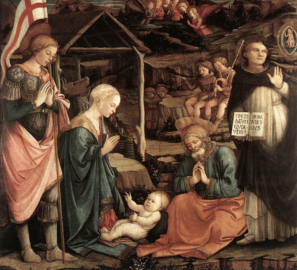 Filippo Lippi, Nativity with St. George and St. Vincent Ferrer / Adoration of the Child, 1455–1456 Tempera on panel, 62.6 × 66.1 in Palazzo Pretorio Museum, Prato