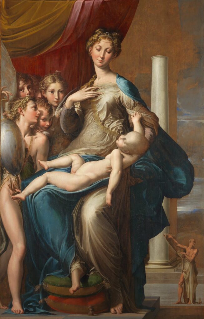 Parmigianino, Madonna and Child with Angels/Madonna with the Long Neck, 1534–1540 Oil on panel, 85.2 × 52.2 in Uffizi Galleries, Florence