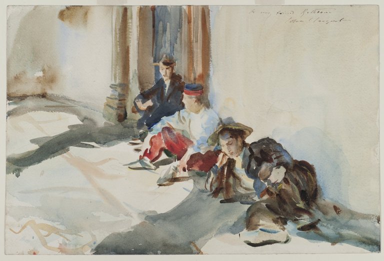 John Singer Sargent, Spanish Soldiers, c 1903nTranslucent watercolor and touches of opaque watercolor with graphite underdrawing, 12 × 18.1 innBrooklyn Museum, New York