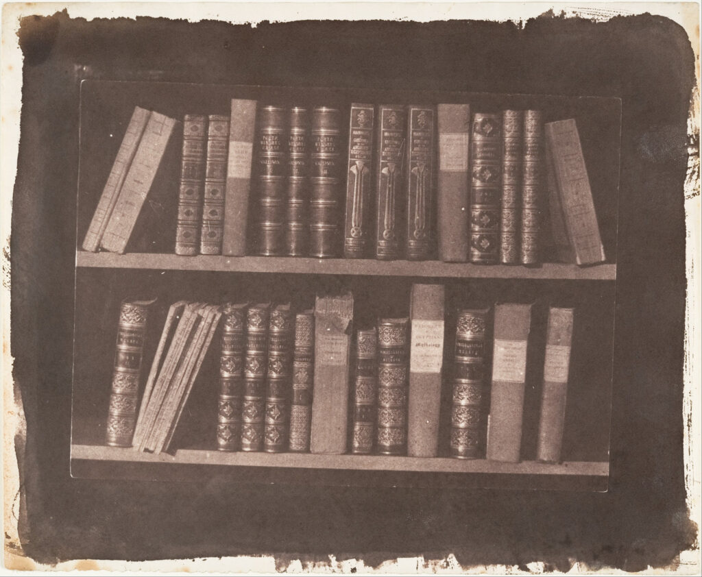 William Henry Fox Talbot, A Scene in a Library, before March 22, 1844 Salted paper print from paper negative, 5.2 × 7.1 in The Metropolitan Museum of Art, New York, USA