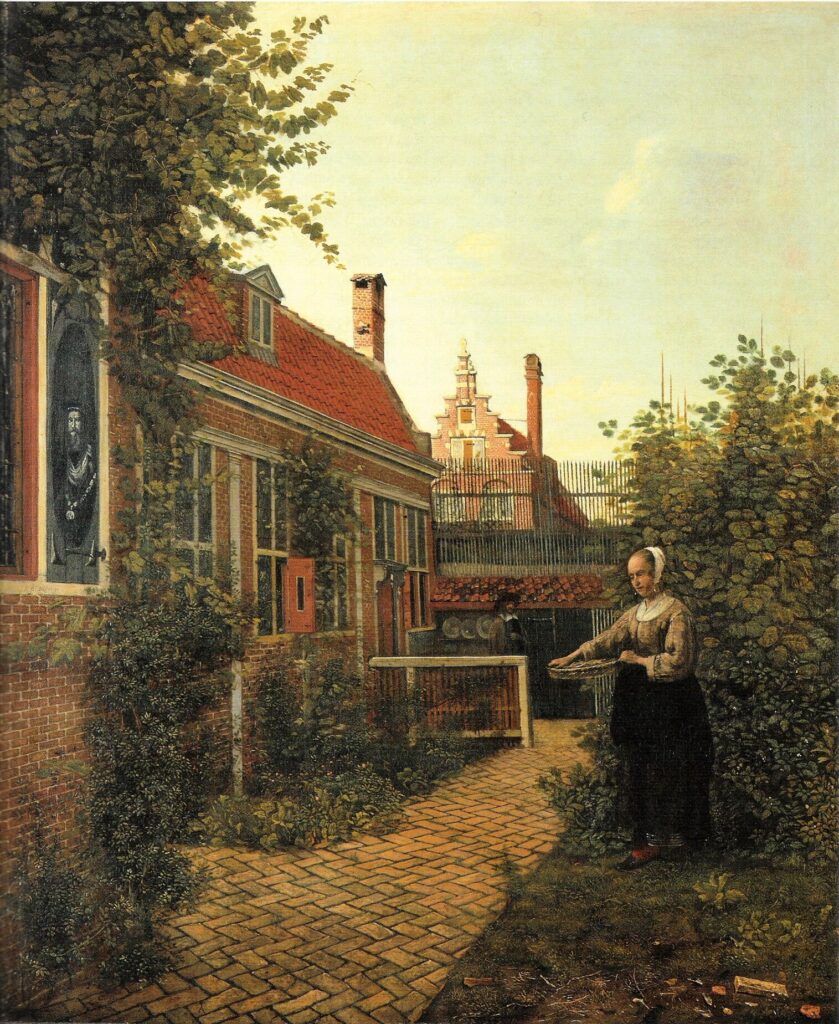 Pieter de Hooch, A Woman with a Basket of Beans in a Garden, 1661 Oil on canvas, 27.4 × 23.2 in Kunstmuseum Basel