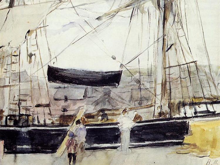 Berthe Morisot, Boat on the Quay, 1875nWatercolor on paper, 6.7 × 9.1 innMusée Marmottan Monet, Paris