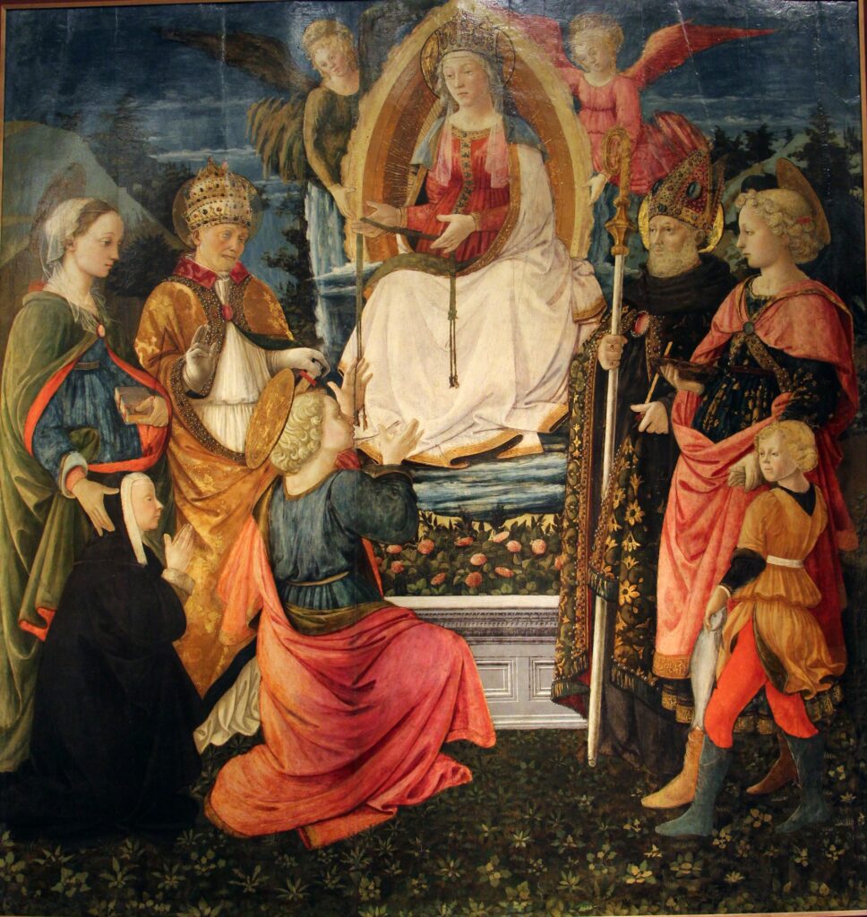 Filippo Lippi, Madonna of the Girdle with St. Margaret, St. Gregory, St. Thomas, St. Augustine, Tobias and Raphael, 1456–1466 Tempera on panel, 78.3 × 75.2 in Palazzo Pretorio Museum, Prato