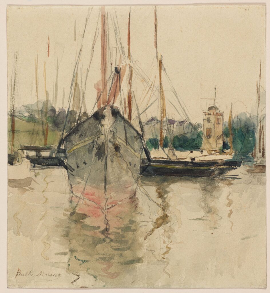 Berthe Morisot, Boats (Entry of the Midina to the Isle of Wight), 19th centurynTransparent watercolor and graphite on off-white wove paper, 7.5 × 6.9 innHarvard Art Museums/Fogg Museum, Cambridge, Massachusetts