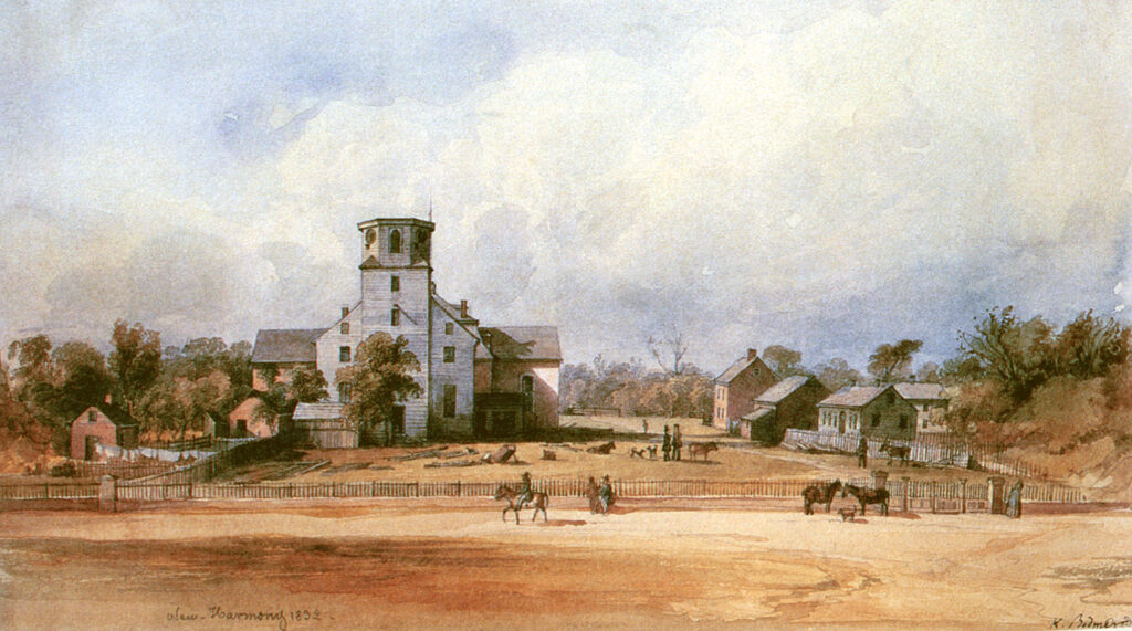 Karl Bodmer, View of New Harmony, 1834 Watercolor on paper, 6.3 × 10.8 in Joslyn Art Museum, Omaha