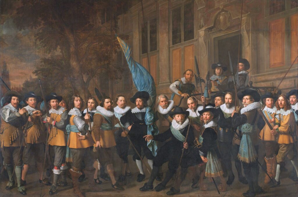 Nicolaes Eliaszoon Pickenoy, Officers and Other Civic Guardsmen of the IVth District of Amsterdam, Under the Command of Captain Jan Claesz van Vlooswijck and Lieutenant Gerrit Hudde, 1642 Oil on canvas, 133.9 × 207.5 in Rijksmuseum, Amsterdam