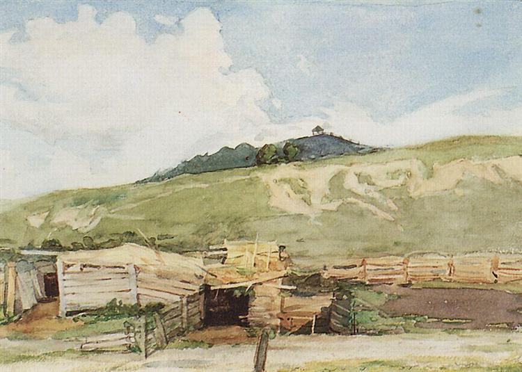 Vasily Surikov, Siberian Landscape, Torgoshino, 1873nWatercolor and graphite pencil on paper, 9.1 × 12.7 innTretyakov Gallery, Moscow