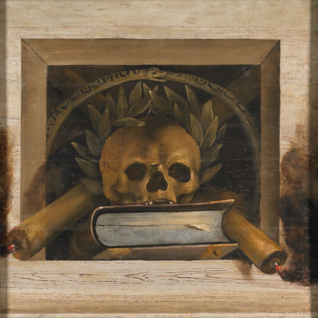Jacob van Campen, Vanitas Still Life with a Book and a Skull, 1645–1650 Oil on panel, 34.1 × 33.9 in Rijksmuseum, Amsterdam, Netherlands