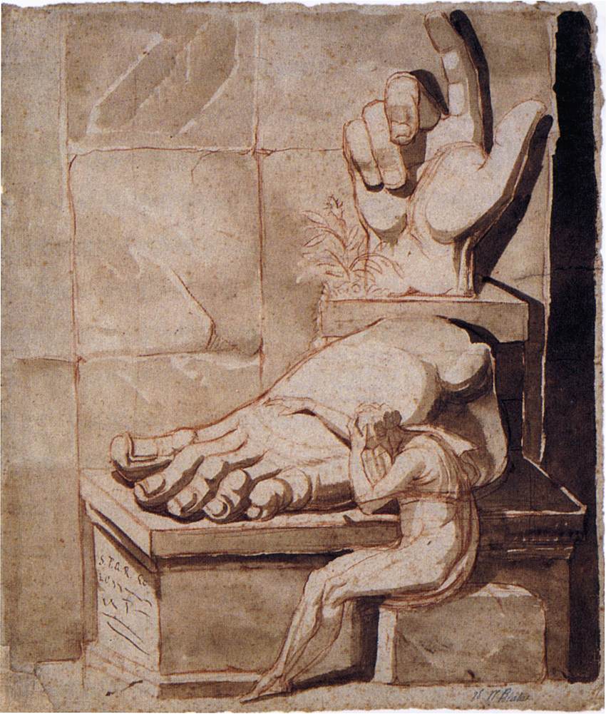Henry Fuseli, The Artist in Despair over the Magnitude of Antique Fragments/The Artist Moved to Despair by the Grandeur of Antique Fragments, 1778–1780 Red chalk and brown wash on paper, 16.6 × 14.1 in Kunsthaus Zürich