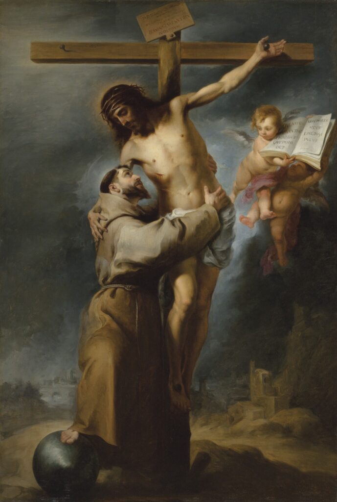 Bartolomé Esteban Murillo, Saint Francis Embracing Christ on the Cross, c 1668–1669 Oil on canvas, 109.1 × 71.3 in Museo de Bellas Artes de Sevilla