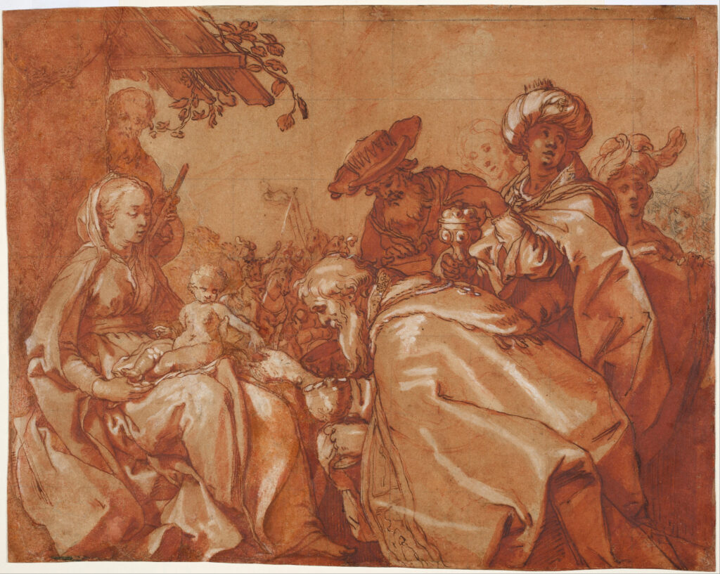 Abraham Bloemaert, The Adoration of the Magi, c 1624 Pen and brown ink over black chalk, with red and brown wash, heightened with white, 11.2 × 14.2 in Centraal Museum, Utrecht