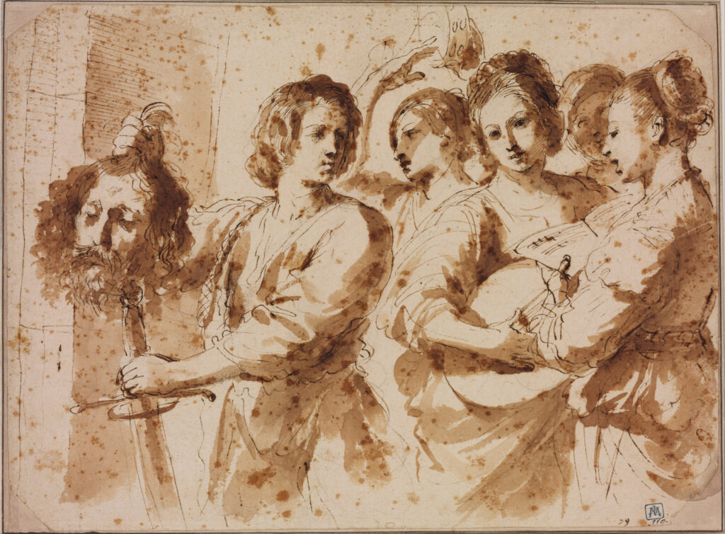 Guercino, The Triumph of David, 1636–1637 Pen and brown ink with brown wash on paper, 9.3 × 12.4 in Museum of Fine Arts, Budapest
